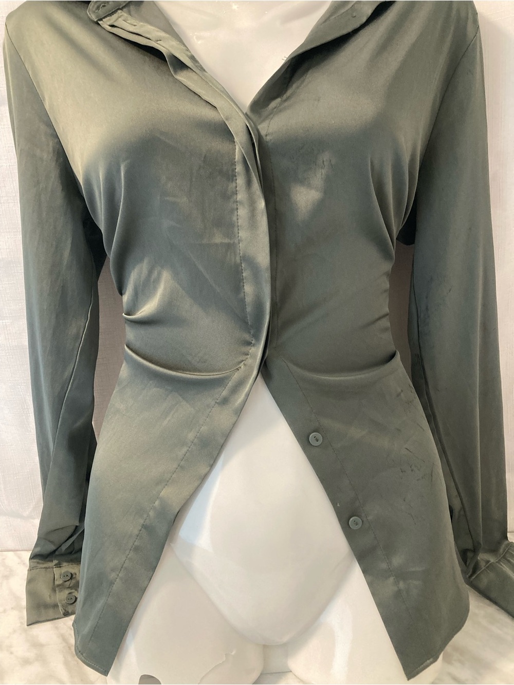 H&M Y2K Olive Green Satin Ruched Fitted Button Up Shirt Women’s S